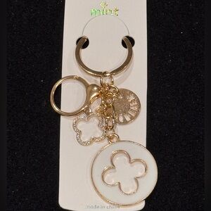 BAG CHARM Gold and White Keychain Key Holder with Crystal Clover Charms